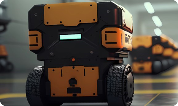 Orange robot in an industrial warehoue